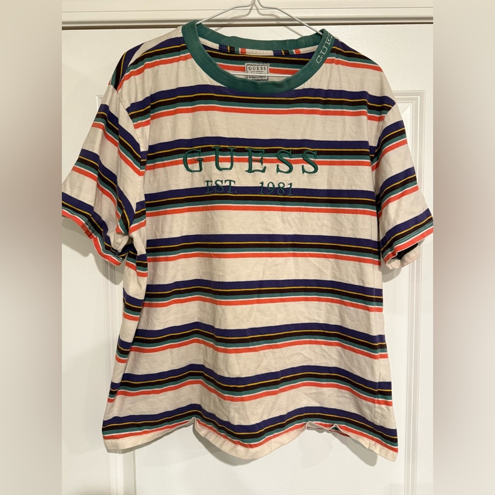 GUESS Men's Striped Tee - Cream, Blue, Red, Green